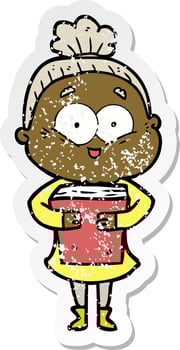distressed sticker of a cartoon happy old woman vector
