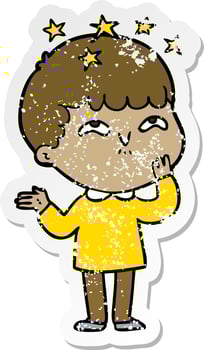 distressed sticker of a cartoon amazed boy vector