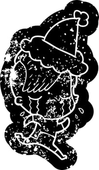 cartoon distressed icon of a crying girl wearing space clothes wearing santa hat vector