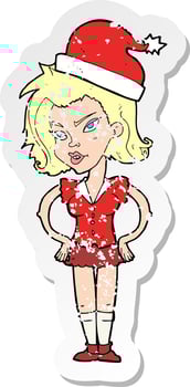 retro distressed sticker of a cartoon woman in christmas hat vector