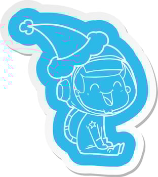 happy cartoon  sticker of a astronaut wearing santa hat vector
