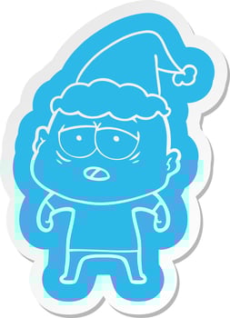cartoon  sticker of a tired bald man wearing santa hat vector