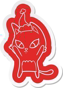 confused cartoon  sticker of a cat wearing santa hat vector
