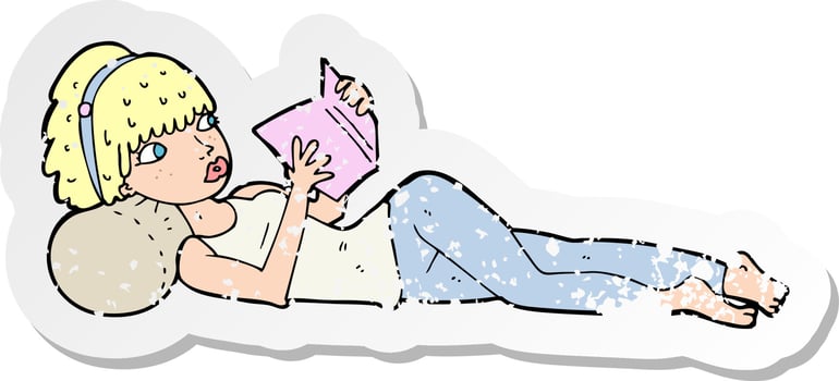 retro distressed sticker of a cartoon pretty woman reading book vector