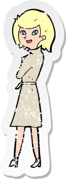 retro distressed sticker of a cartoon woman in trench coat vector