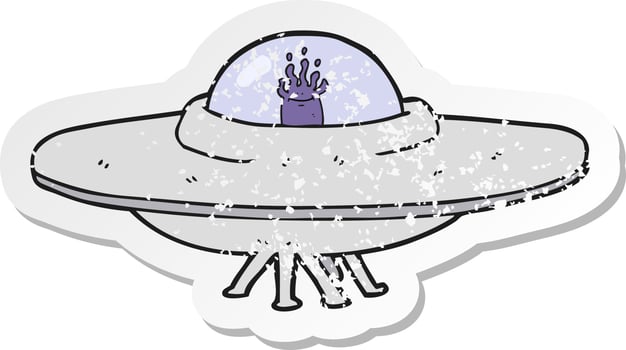 retro distressed sticker of a cartoon flying saucer vector