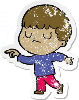 distressed sticker of a cartoon grumpy boy vector