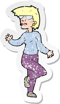 retro distressed sticker of a cartoon woman waving vector