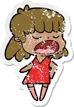 distressed sticker of a cartoon woman talking loudly vector