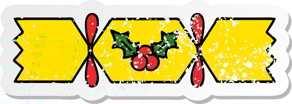 distressed sticker of a cute cartoon christmas cracker vector