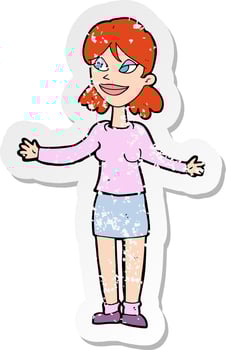 retro distressed sticker of a cartoon happy woman shruggin shoulders vector