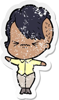 distressed sticker of a cartoon annoyed hipster girl vector