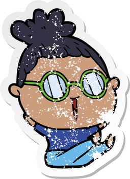 distressed sticker of a cartoon woman wearing spectacles vector