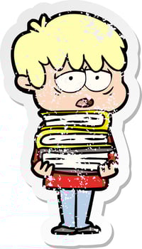 distressed sticker of a cartoon exhausted boy holding book vector