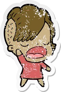 distressed sticker of a cartoon cool hipster girl talking vector