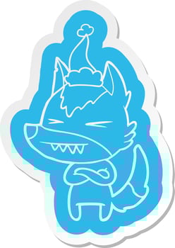 angry wolf cartoon  sticker of a wearing santa hat vector