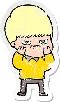 distressed sticker of a annoyed cartoon boy vector