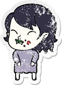 distressed sticker of a cartoon vampire girl with blood on cheek vector