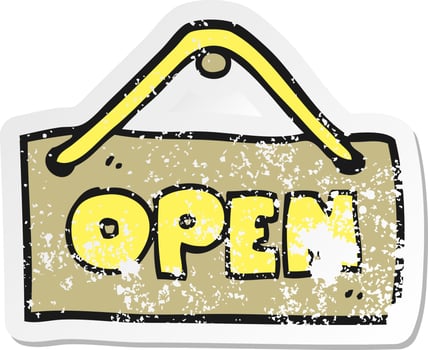 retro distressed sticker of a cartoon open shop sign vector