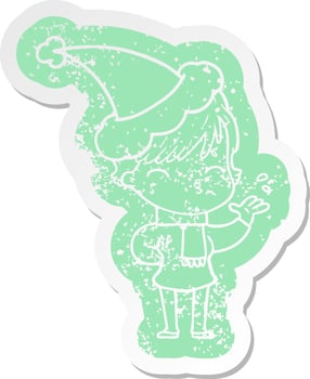 cartoon distressed sticker of a woman thinking wearing santa hat vector