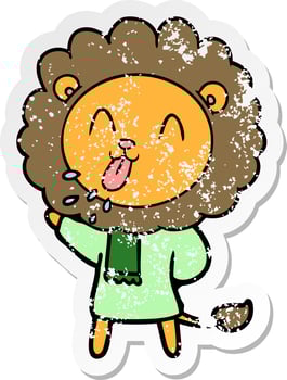 distressed sticker of a happy cartoon lion vector