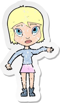 retro distressed sticker of a cartoon woman waving hand vector
