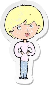 retro distressed sticker of a cartoon woman making Who Me gesture vector
