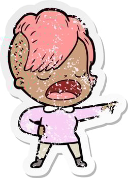 distressed sticker of a cartoon cool hipster girl talking vector