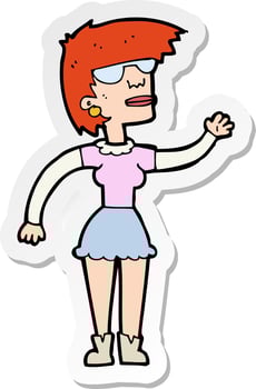 sticker of a cartoon woman in spectacles waving vector