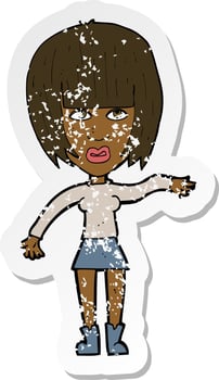 retro distressed sticker of a cartoon woman waving away vector