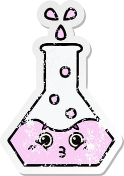 distressed sticker of a cute cartoon science beaker vector