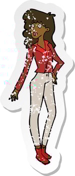 retro distressed sticker of a cartoon pretty woman vector