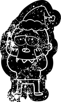 cartoon distressed icon of a tired bald man wearing santa hat vector