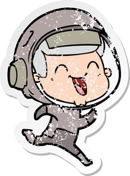 distressed sticker of a happy cartoon astronaut vector