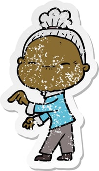 distressed sticker of a cartoon peaceful old woman vector