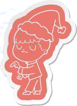 cartoon  sticker of a grumpy boy wearing santa hat vector
