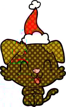 laughing comic book style illustration of a dog wearing santa hat vector