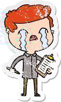 distressed sticker of a cartoon salesman crying vector