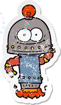 distressed sticker of a happy carton robot with light bulb vector