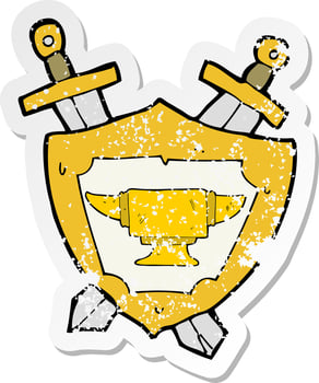 retro distressed sticker of a cartoon blacksmith anvil heraldry symbol vector