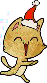happy textured cartoon of a cat meowing wearing santa hat vector