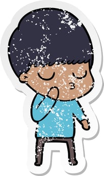 distressed sticker of a cartoon calm boy vector