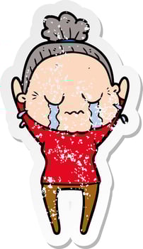 distressed sticker of a cartoon old woman crying vector