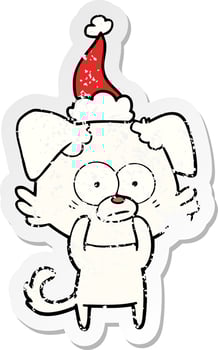 nervous dog distressed sticker cartoon of a wearing santa hat vector