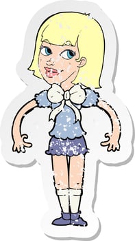 retro distressed sticker of a cartoon woman wearing a big bow tie vector