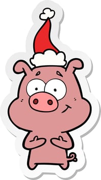 happy sticker cartoon of a pig wearing santa hat vector