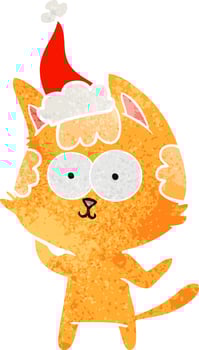 happy retro cartoon of a cat wearing santa hat vector