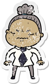 distressed sticker of a cartoon annoyed old lady vector