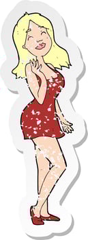retro distressed sticker of a cartoon pretty woman in cocktail dress vector