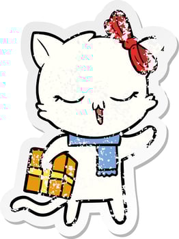 distressed sticker of a cartoon girl cat with christmas present vector
